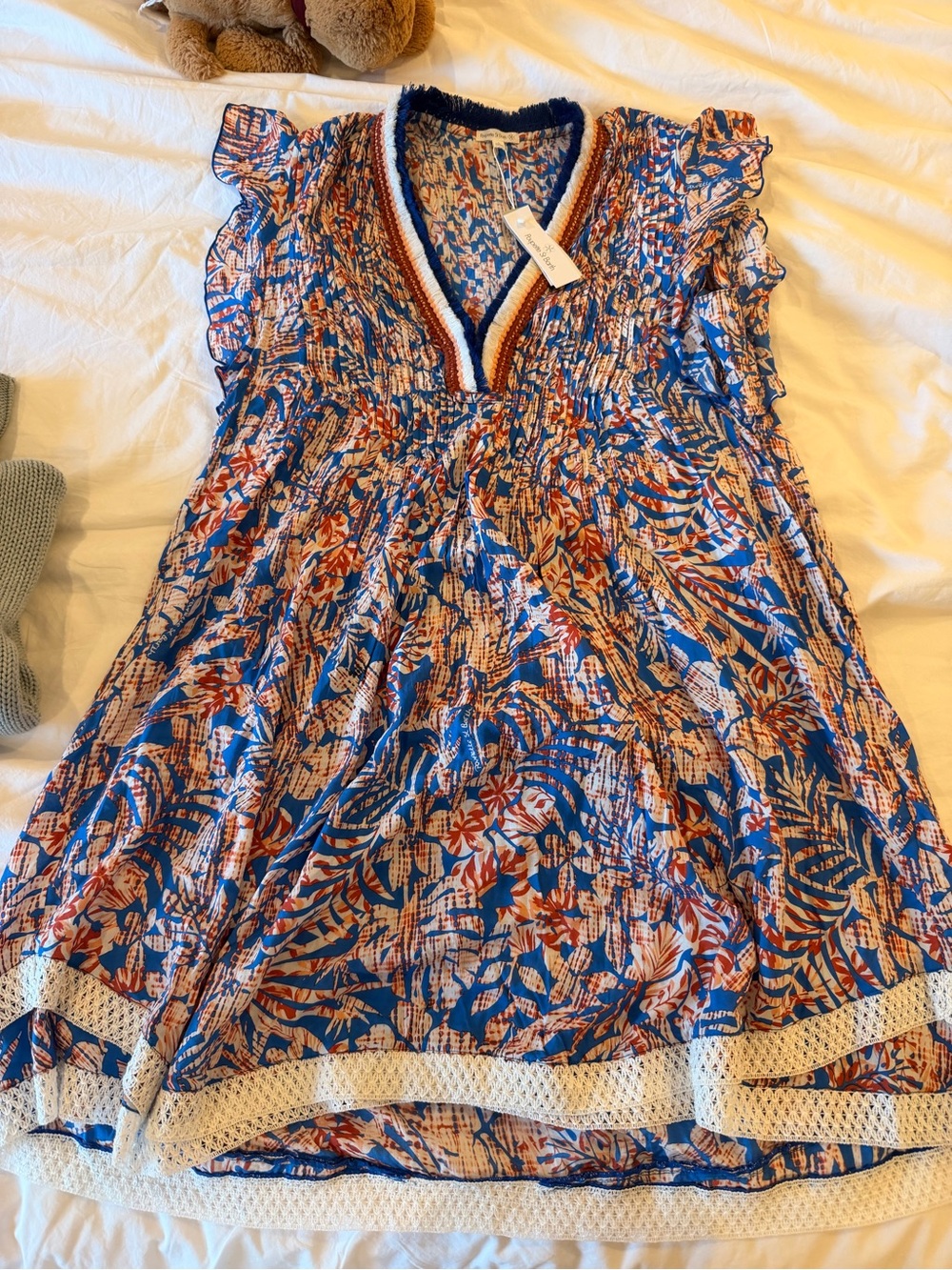 Blue Floral V-Neck Ruffled Sleeve Dress